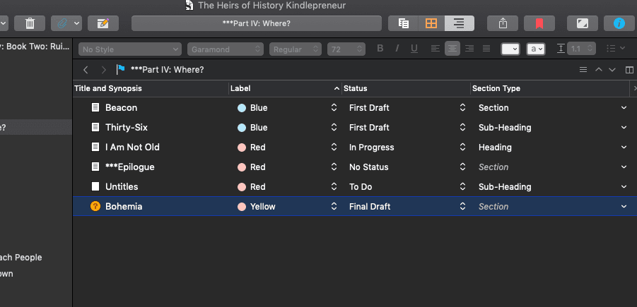Scrivener outliner feature