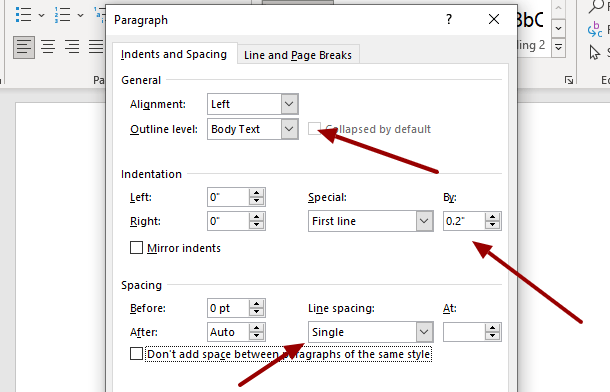 Paragraph settings in Microsoft Word