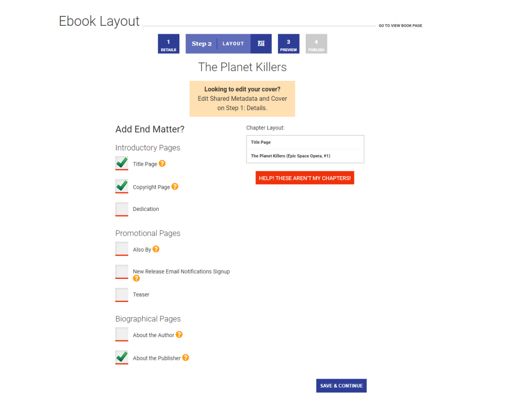ebook layout section in Draft2Digital
