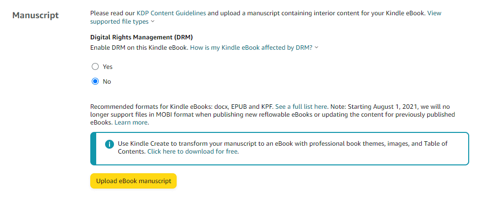 manuscript input in amazon kdp