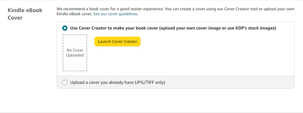 ebook cover input in amazon kdp