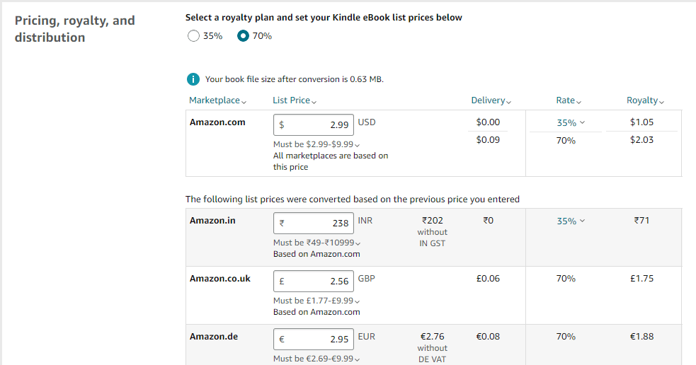pricing fields in amazon kdp