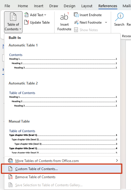 Insert Custom Table of Contents MS Word