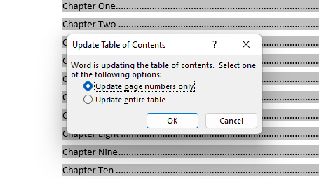 Update Custom Table of Contents MS Word
