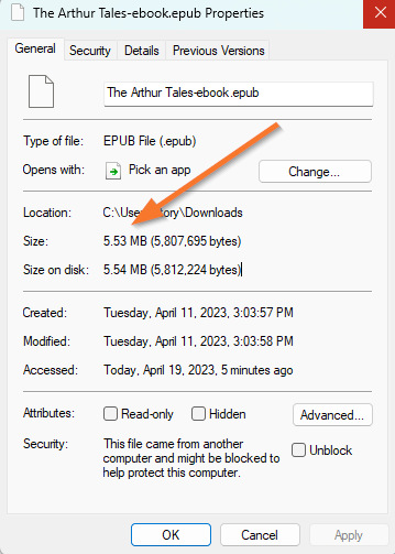 finding your ebook file size in properties