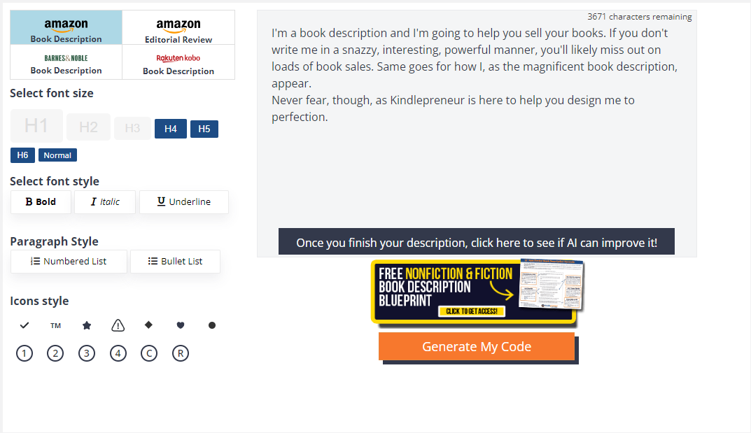 Kindlepreneur Free Amazon Book Description Generator