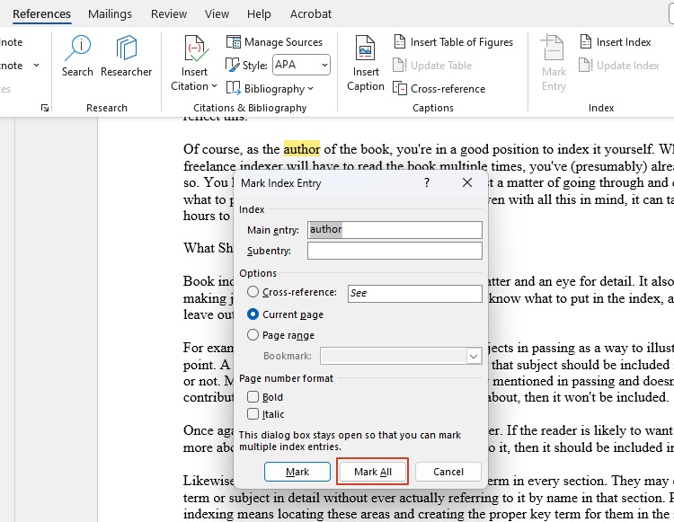 Mark Index Entry in Word