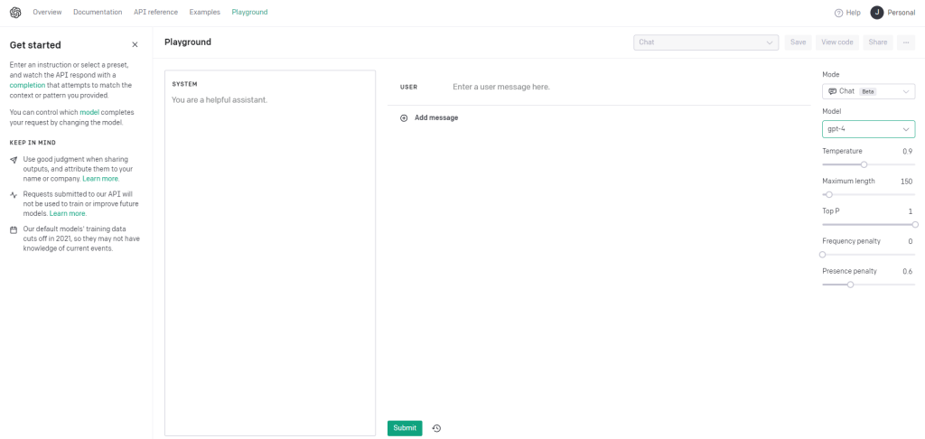OpenAI Playground Dashboard