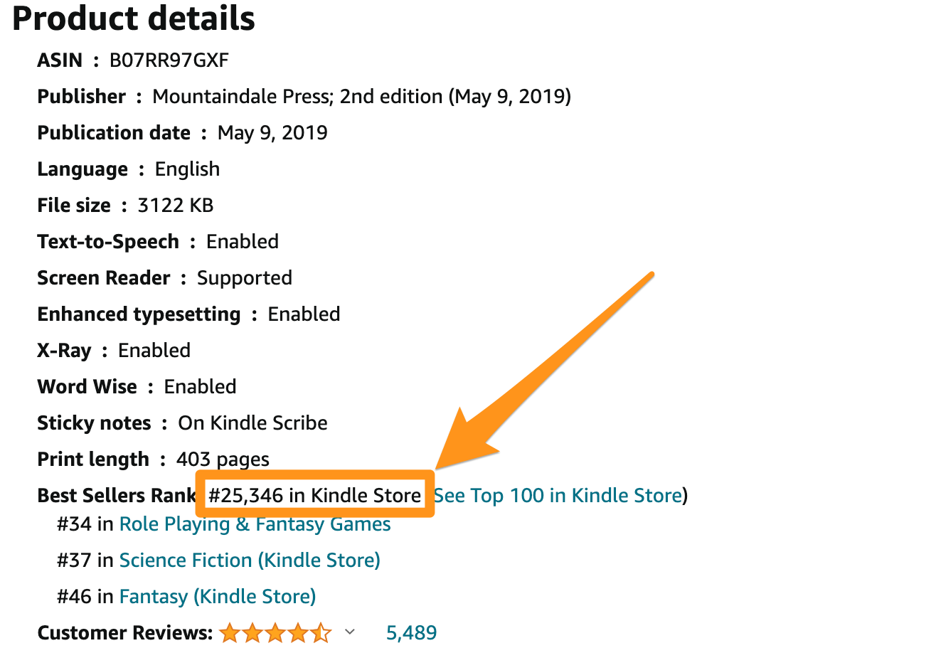 Scroll down to the product details to find the Best Seller Rank to use for the book sales calculator.