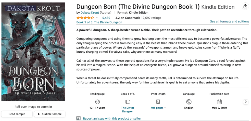 Using Dungeon Born as an example of selecting a book for sales calculation.