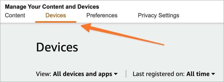 Find your Kindle device in Amazon account settings Amazon account Devices tab showing where to find your Kindle device settings