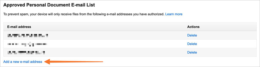 Amazon Kindle approved email list for sending EPUB files Amazon Approved Personal Document E-mail List showing how to add an approved email address for Kindle