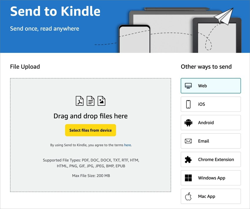 Send to Kindle app upload screen Send to Kindle app interface showing EPUB file upload and supported formats