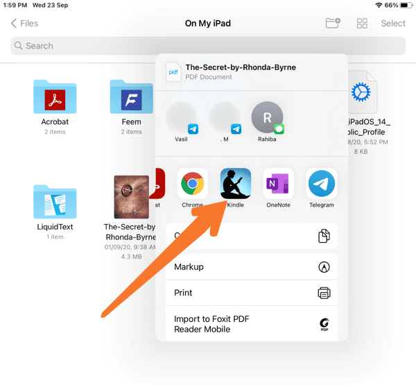 iOS share menu showing how to send an EPUB file to the Kindle app
