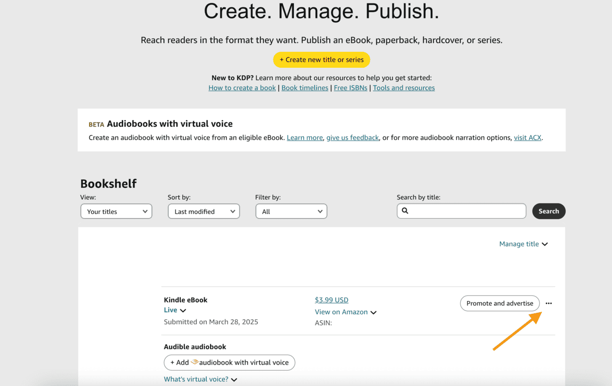 Kindle Direct Publishing dashboard showing the Bookshelf with a live Kindle eBook listed