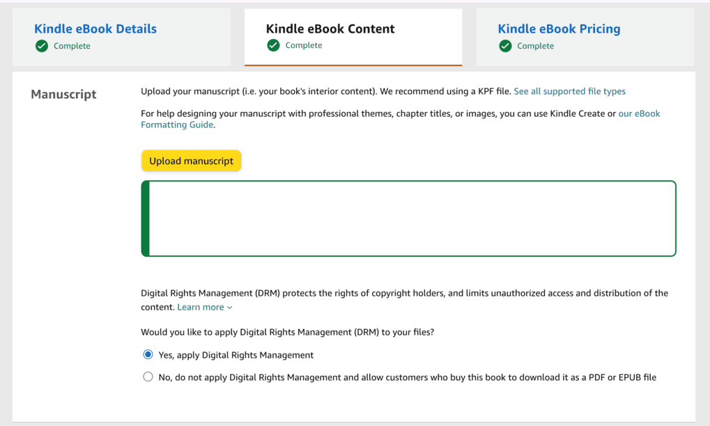 Kindle eBook Content page in KDP showing manuscript upload section