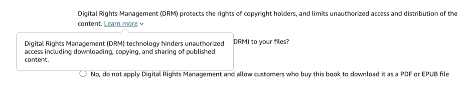 Digital Rights Management settings in KDP showing DRM enabled and disabled options