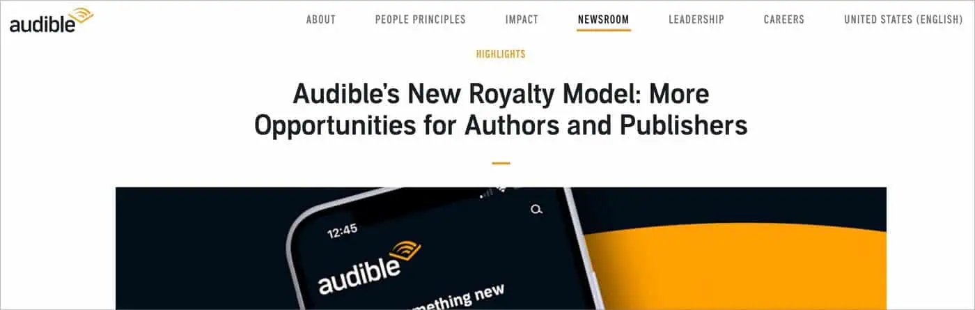 Audible newsroom announcement headline introducing the new royalty model for authors and publishers