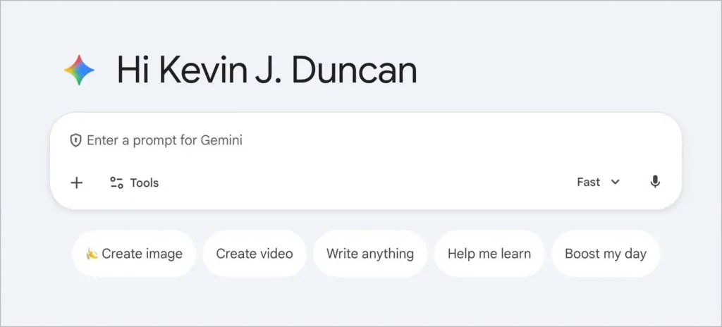 Gemini interface welcoming Kevin J. Duncan and requesting the next user prompt