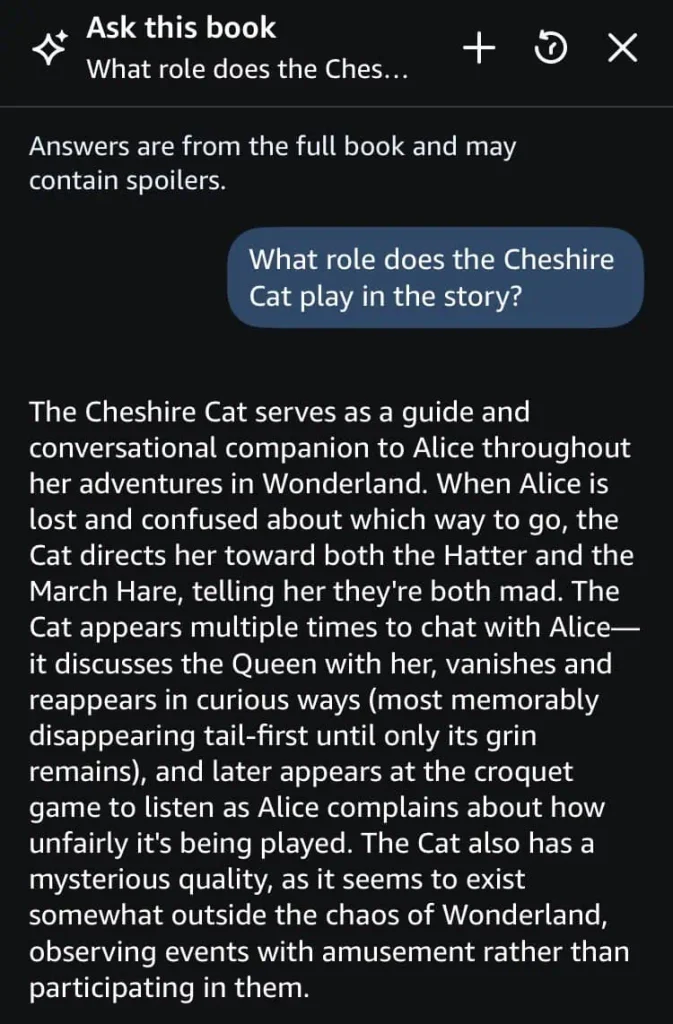 Ask This Book response about the Cheshire Cat Kindle’s Ask This Book feature explaining the Cheshire Cat character from Alice in Wonderland in its own words