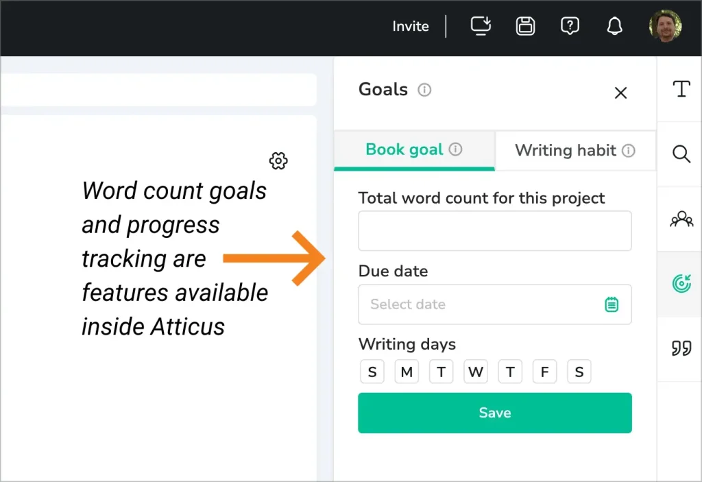Setting writing goals and tracking word count progress in Atticus