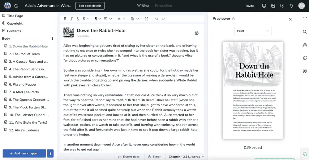 The public domain work Alice's Adventures in Wonderland formatted inside Atticus