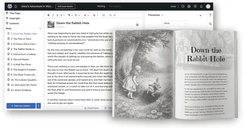 The public domain work Alice's Adventures in Wonderland formatted inside Atticus