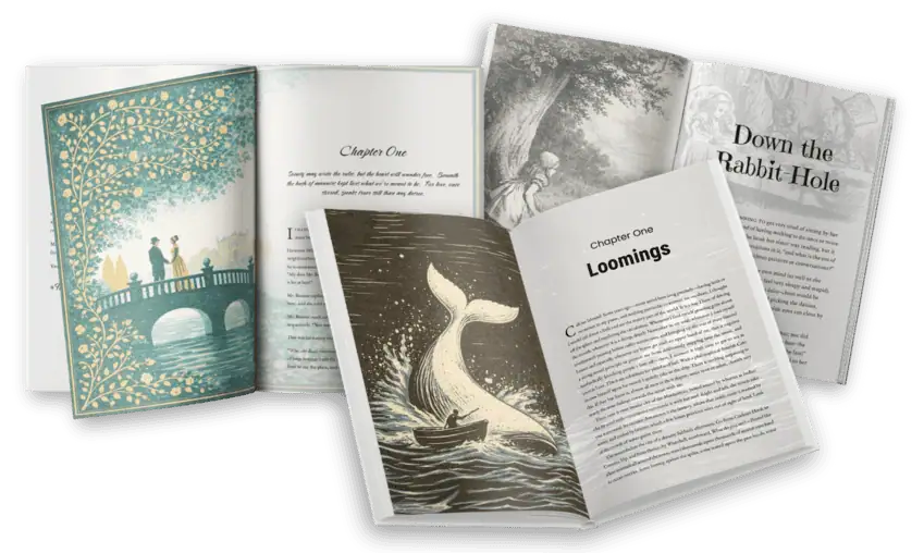 The public domain works of Price and Prejudice, Moby Dick, and Alice's Adventures in Wonderland