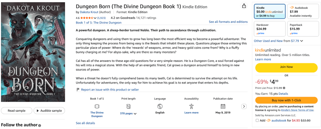 The book Dungeon Born's Amazon sales page.
