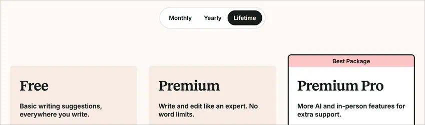 ProWritingAid pricing page showing monthly, yearly, and lifetime plan options