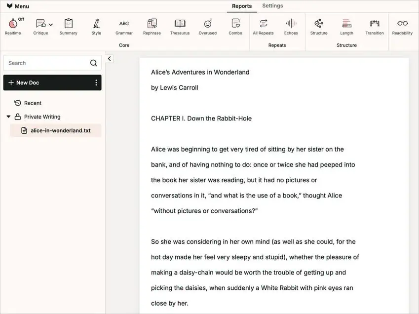 ProWritingAid manuscript analysis report showing writing statistics and insights