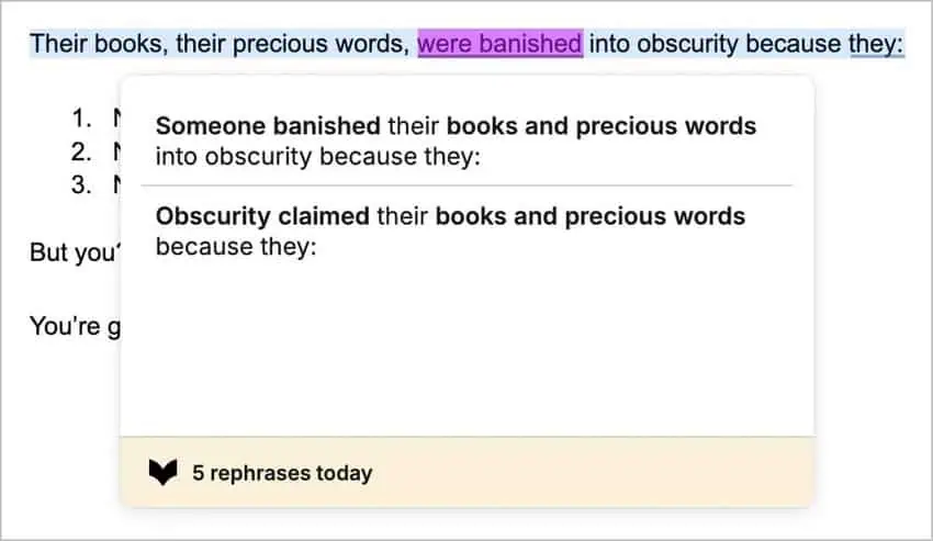 ProWritingAid highlighting a passive voice suggestion in a sentence