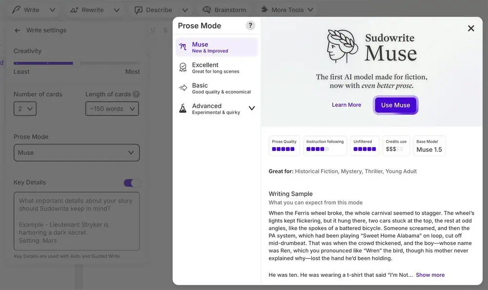 Sudowrite Muse model selected in the editor for generating fiction writing