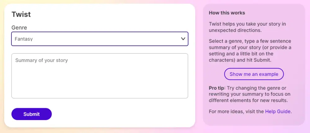 Sudowrite Twist tool generating plot twist ideas from a story summary