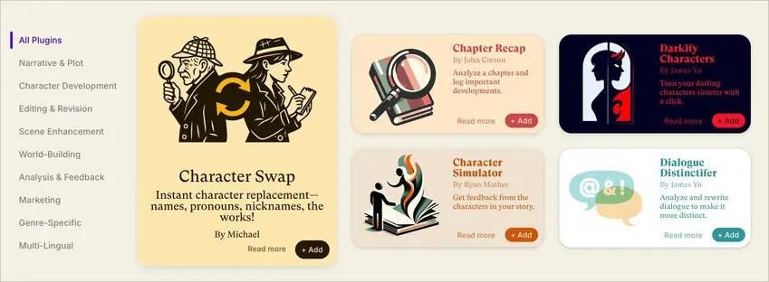 Sudowrite plugins page showing custom tools and community-created features