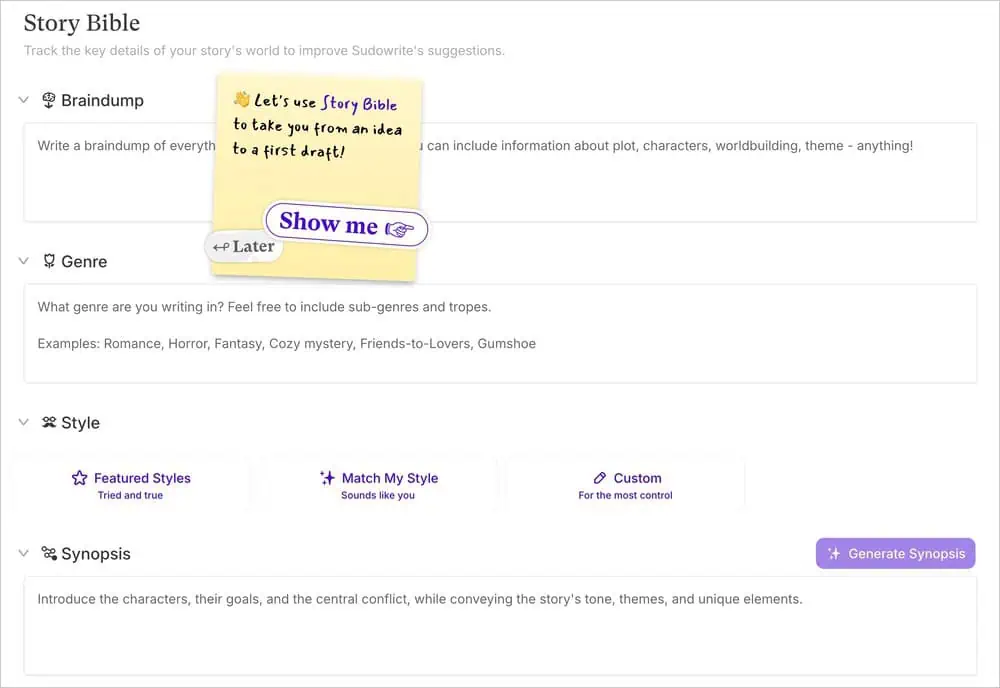 Sudowrite Story Bible showing sections for characters, worldbuilding, and story details