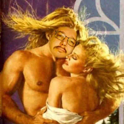 Matt Stone's face photoshopped onto an old romance book cover