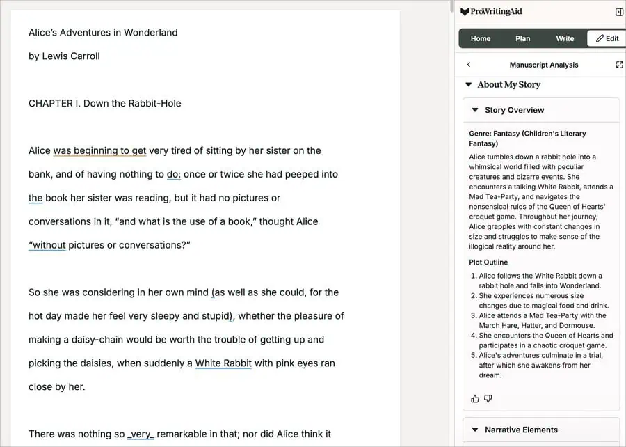 ProWritingAid manuscript analysis report showing writing statistics and insights