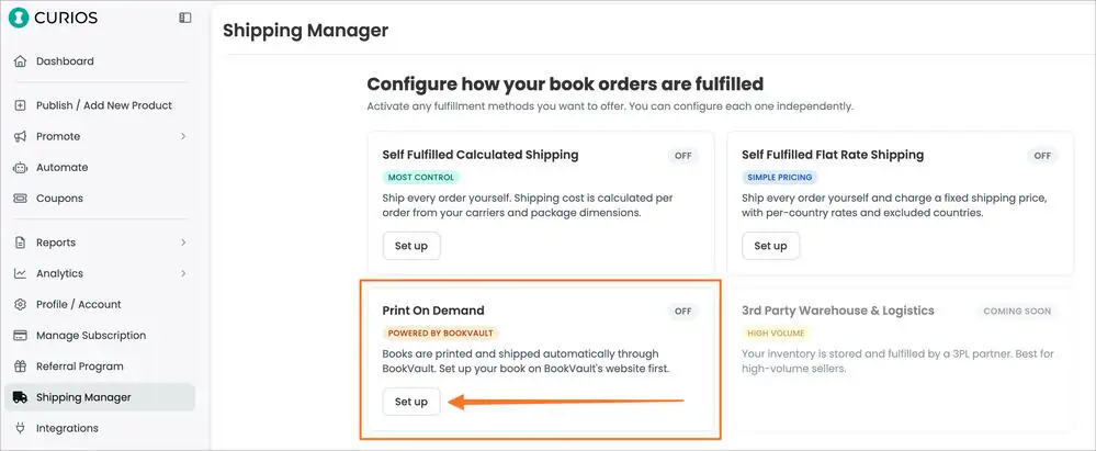 Screenshot of how you set up the Bookvault integration inside your Curios dashboard