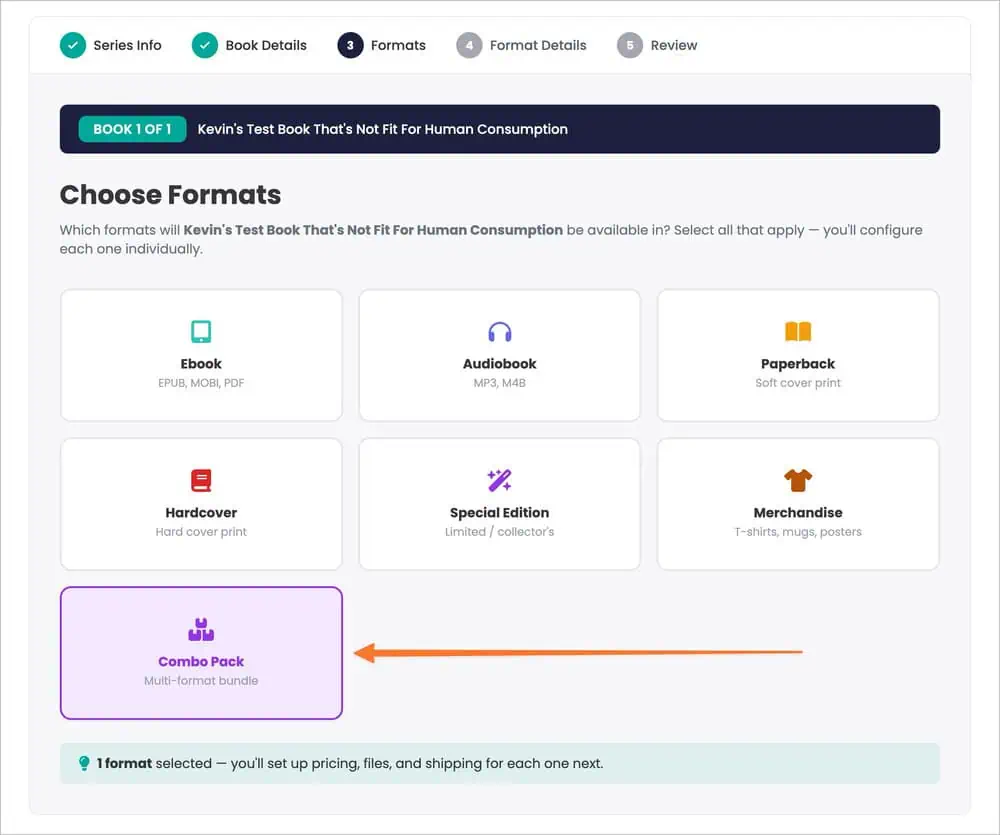 Screenshot of Curios' option to choose different formats, with Combo Pack the formatted highlighted